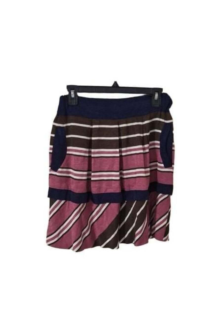Maeve Anthropologie Tiered Striped Mini Skirt Size 2 Pink Brown Navy Zip Pocket
